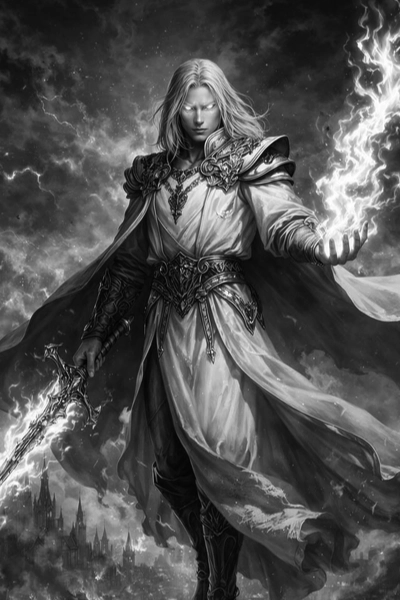 Dáeron, a white-haired swordsman in a long coat, his blade wreathed in light