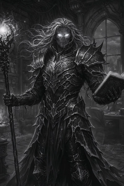 Kúor-Adámarant, an armoured figure with glowing eyes, a staff in one hand and a book in the other