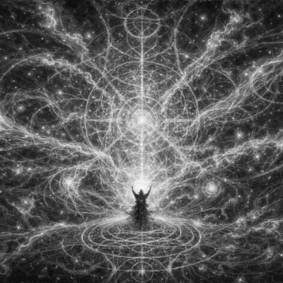 Magic Weaving, a figure in a circle of light with threads of energy spreading from it