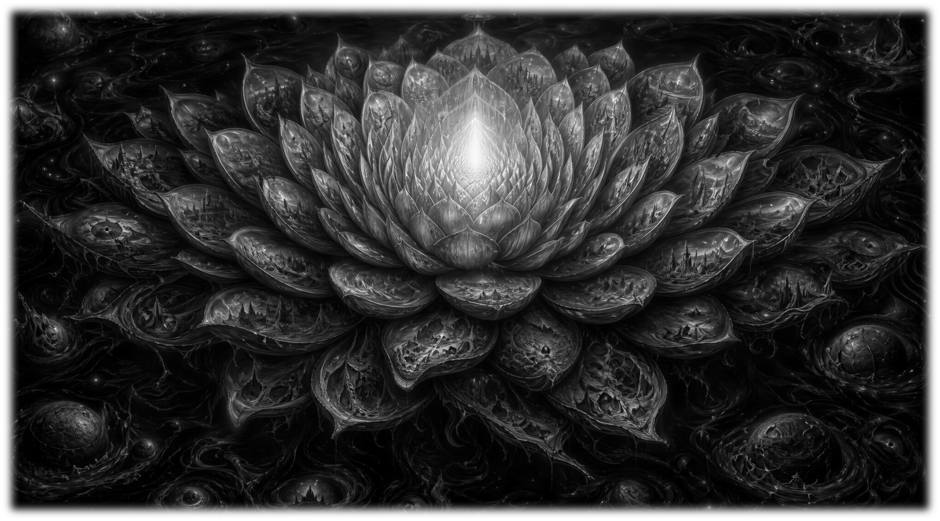 A vast lotus glowing at its heart, every petal a world, afloat on a dark sea of Chaos