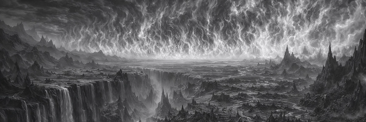 The Faithless Lands, cliffs and waterfalls under a burning sky