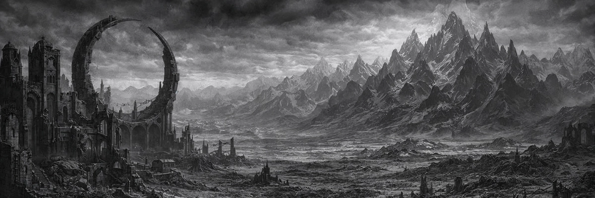 The Wastes, ruins and a broken stone ring before a range of mountains